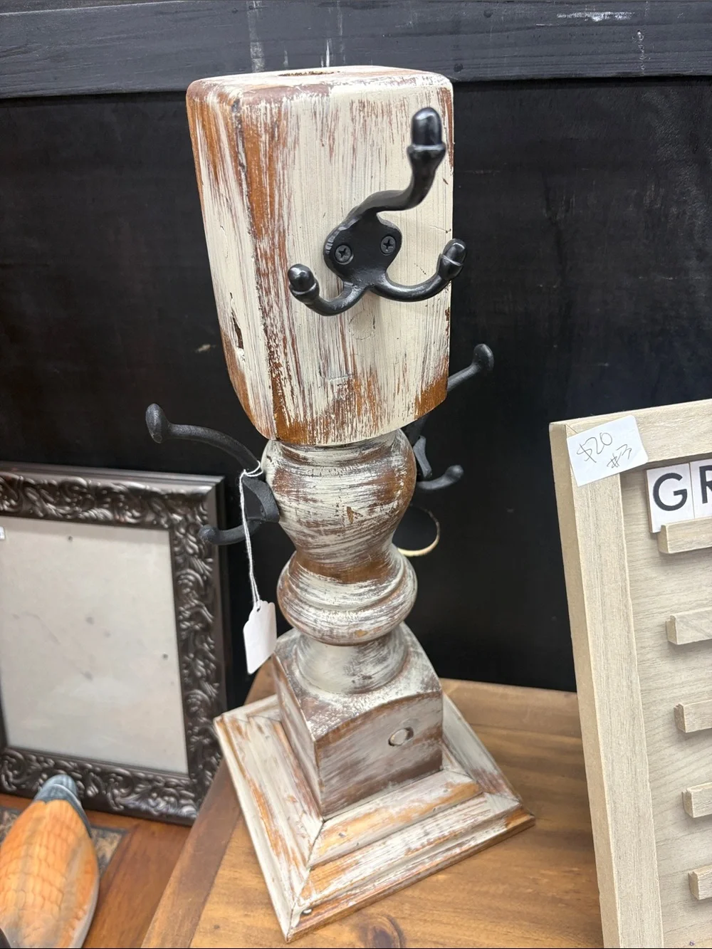 Farmhouse White & Brown Wooden Standing Hook Rack